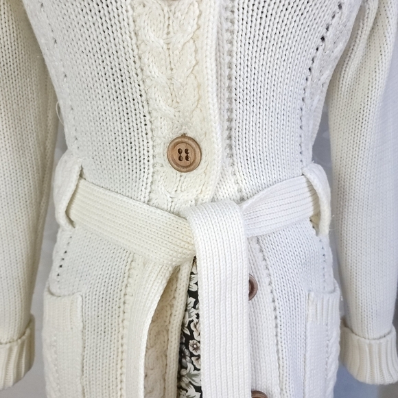 Vintage Cable Knit Belted Collared Button Front Long Cardigan Dayne Taylor Cream - Picture 7 of 15